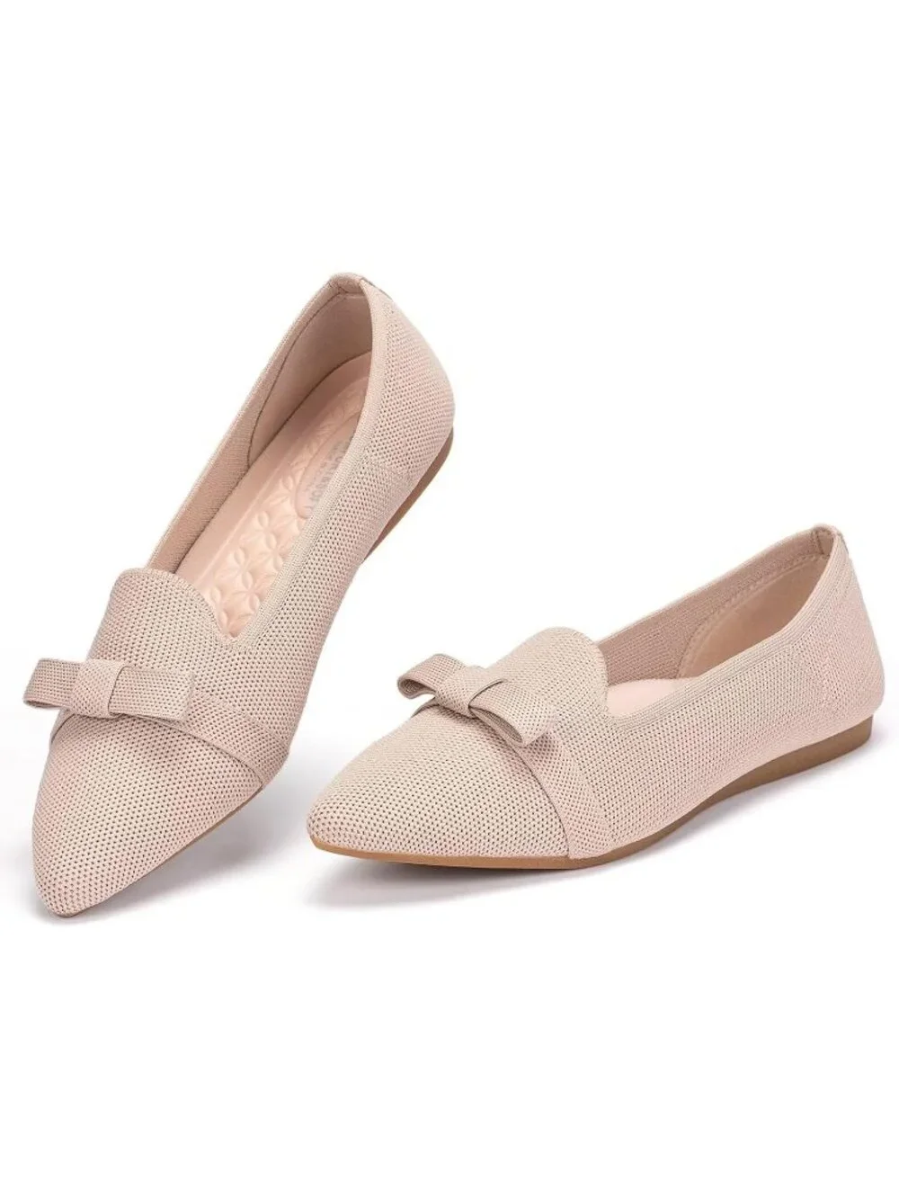 Women's Cream Comfortable Knit Casual Pointed Toe Ballet Flats with Bow Shoes